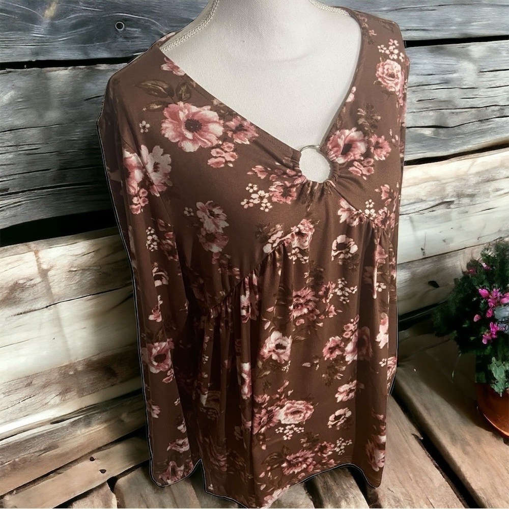 Boho Tan & Pink‎ Floral Print Top
